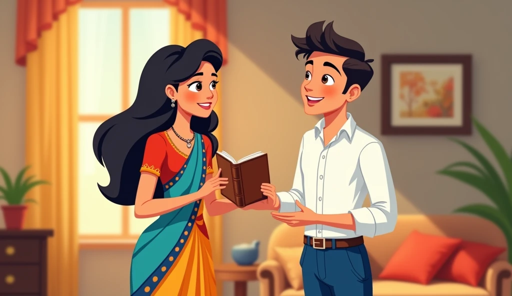 Create an cartoon image of a beautiful women wearing saree in front of her a man standing wearing white shirt and blue pant and they were talking to each other inside the house man has a diary in his hand he giving this diary to women