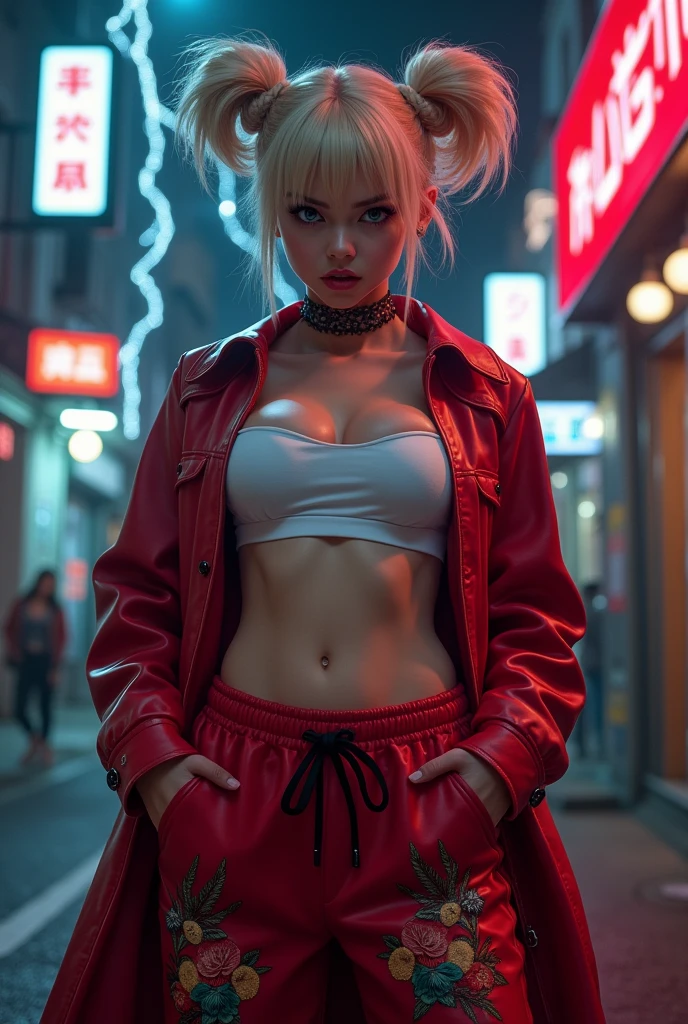 night、White tube top bra、Showing underboob、Red leather long coat、Red drawstring sweatpants、embroidery、Bakusozoku、Yankee、Belly button、Blonde、Black hairline、Wide forehead、short hair with twin tails、Get angry、lightning、dragon、bike、illumination、Showing underboob、sexy、Sexy、Naughty、Expose your crotch