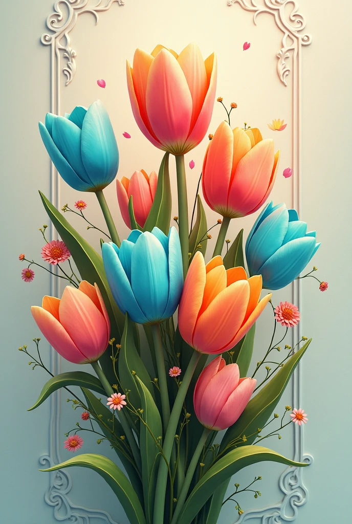 Create an image, with the word "you are my little thing", that has tulips of many colors, especially turquoise,
It also looks very elegant and full of life, with details intertwined with tulips.