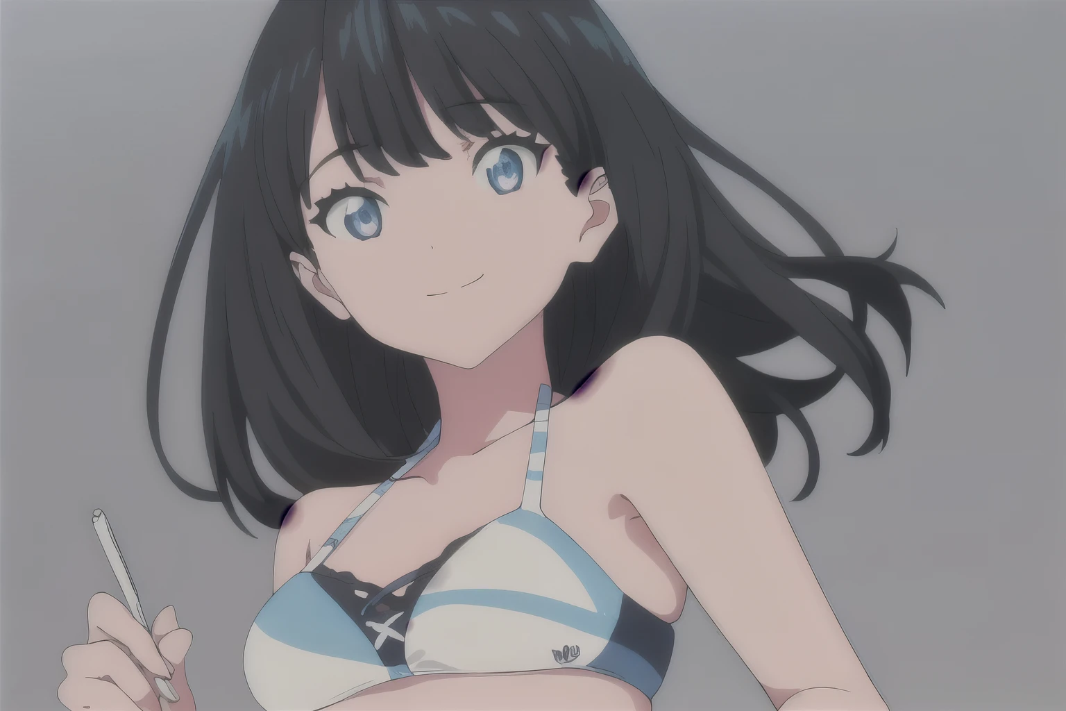 best quality, amazing quality, very aesthetic, absurdres, (1girl, aris (blue archive), blue archive, blue eyes, black hair, small breasts), (realistic face:0.9),(string bikini:1.8), (grin, blush, thigh:1.3), (cowboy shot), (glowing eyes), (half closed eyes:0.9), (saliva trail), (official art:1.3), (pool), expressive eyes, perfect face, 4k, extremely detailed anime illustration, extremely detailed eyes, perfect anatomy, light rays, extremely delicate body, smooth skin, (simple background:1.5), clear eyes, beautiful face, small breasts,(anime style:1.7), (Warm Light:1.5), (highres:2),