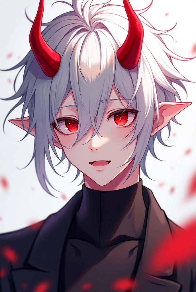 Anime boy with two red horn and red eye
And white hair