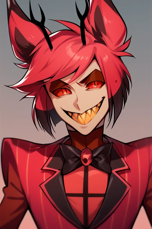 Alastor, [[hazbin hotel]],red hair,animal ears, red suit, red sclerea,red pupils, ultrarealistic masterpiece, best quality, 1boy, solo, animal ears, sharp teeth, red eyes, bow, smile, looking at viewer, slit pupils, bowtie, red hair, grin, multicolored hair, jacket, suit , cartoon,  