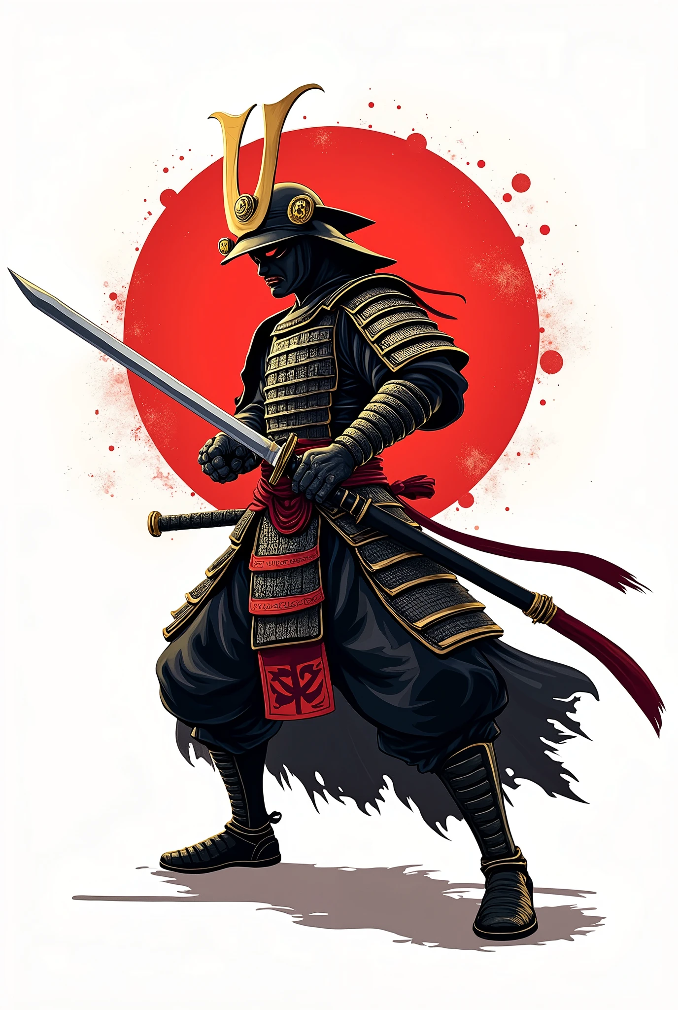  a Japanese samurai with katana with gold and red colour imagine on white T-shirt 