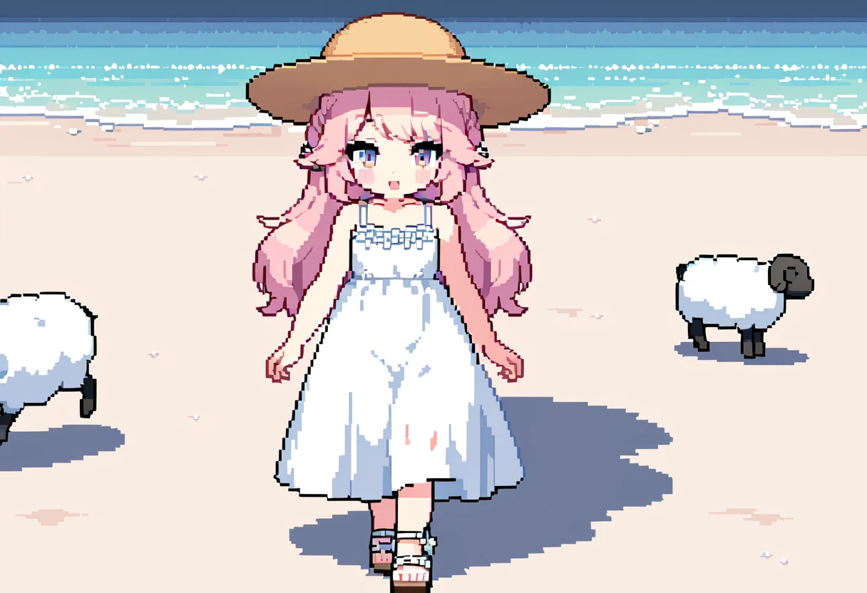 masterpiece, Highest quality, 8k, \(Pixel art, Vivid, Highest quality\), \((One person)), (young woman, Open your mouth, Fluffy hair, Long Hair, Hair like sheep's hair, Pink Hair, eyebrow, 太いeyebrow, White dress, Straw hat, High heel sandals\), (Highest quality:1.0), (\Seaside, Walking on the beach, evening\), 1 sheep