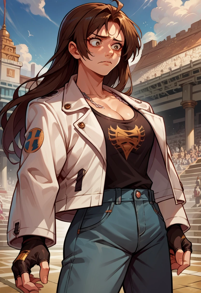 score_9, score_8_up, score_7_up, source_anime, 1girl, solo, (female:1.5), female focus, kyo_nest, brown hair, long hair, brown eyes, white jacket, open jacket, black shirt, blue pants, chain, cleavage, fingerless gloves, standing, nervous, looking down, coliseum
