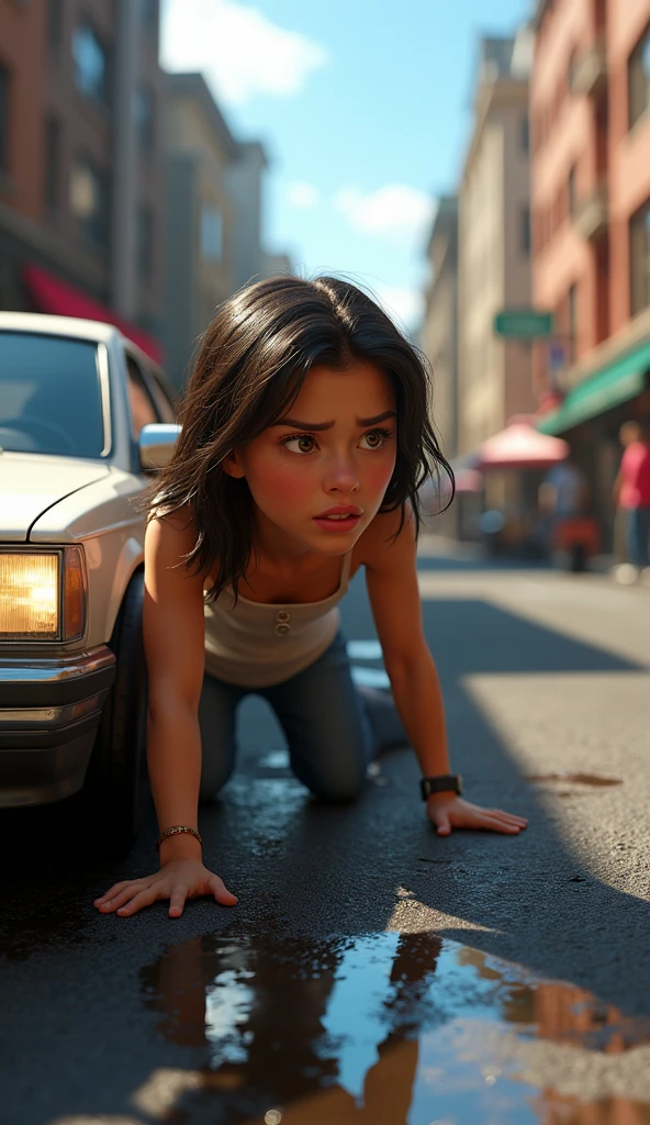A young woman hit by a car , pixar style, cinematic, masterpiece, high-aesthetic