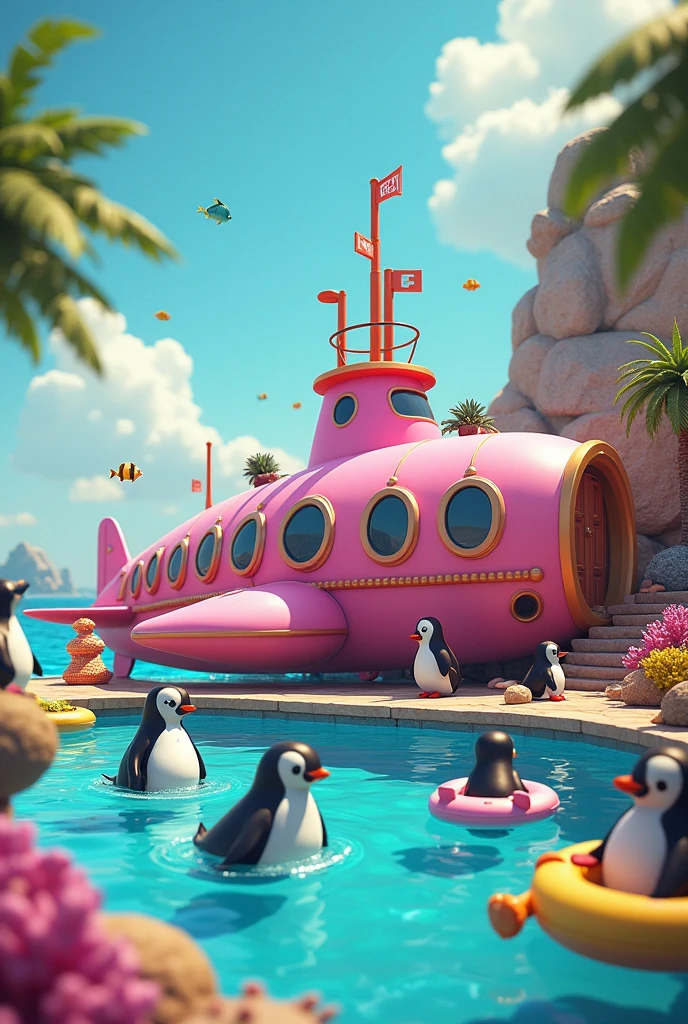 Penguins on vacation in a pink submarine with a pool