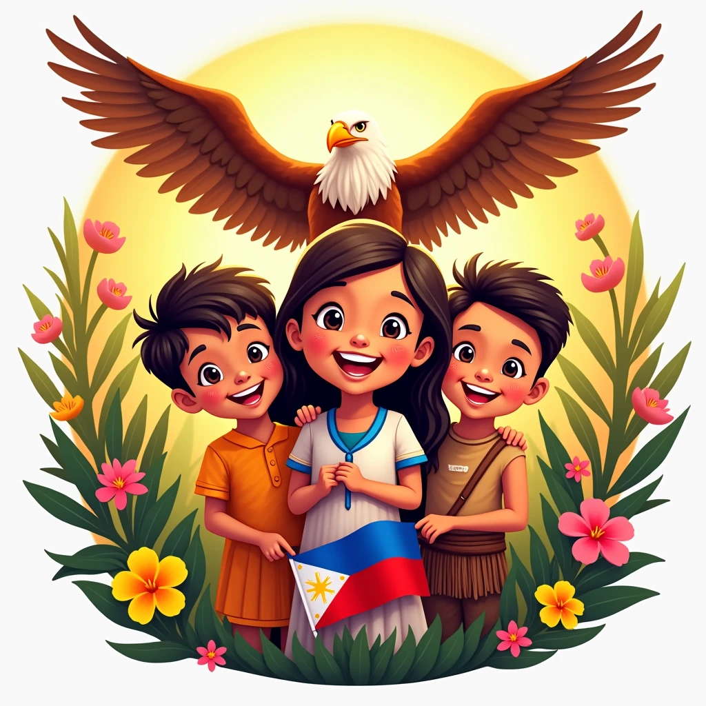 (CARTOONISH)Create a traditional and modern CIRCLE logo for Buwan ng Wika (National Language Month) featuring three people smiling with bright teeth, BROWN skin tone, (half body) standing close together popping from a book in the BACKGROUND, NATURE BACKGROUND WITH FLOWERS AND GOLDEN SUNGLIGHT, wearing traditional Filipino attire, and a philippine eagle in the back spreading out its wings. The central figure, a girl IN THE MIDDLE ONLY holding the Philippine flag in a traditional Filipino dress consisting of a dirty white blouse (Baro) and a red skirt (Saya). The two accompanying figures, one boy in a barong tagalog and the other one boy dark skin in tribal attire(PHILIPPINES), overall 3. Use the colors of the Philippine flag and any other colors that represent the topic. The composition should be in a fish point of view. (warm tone) (golden hour) (close up of the face), vibrant colors.