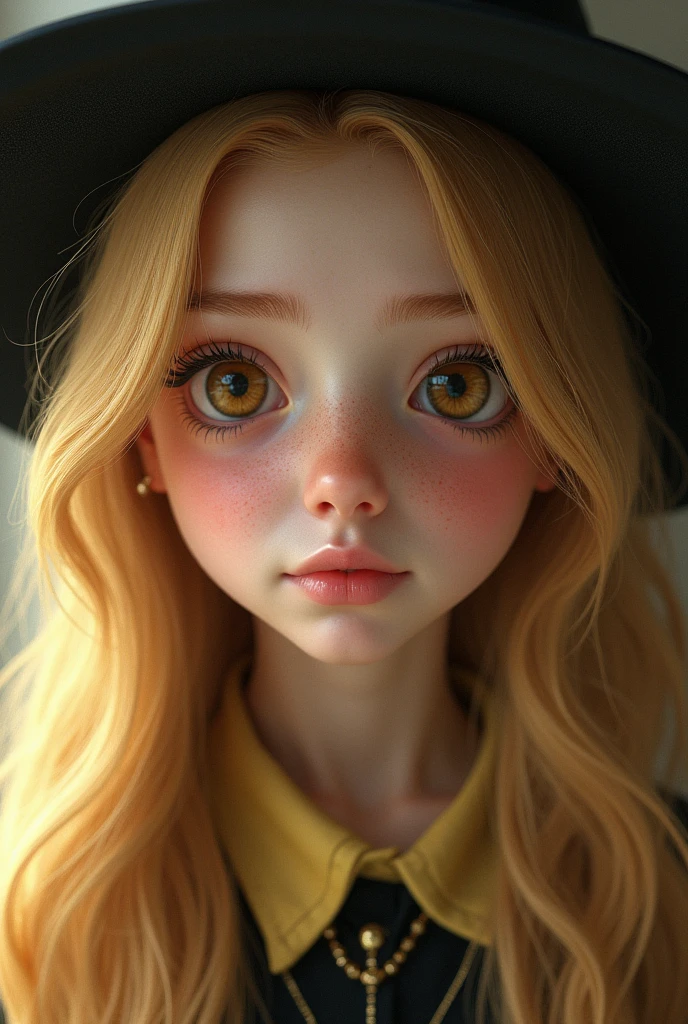 A girl innocent face*big round eyes in ambar color, she save soft features , smal and delicate nose ,lips heart shaped her face a soft and feminine Square form* she is extremely beautyfull...hair( blond and long at her waist Softly curled on the final she is a witch from Hogwarts her house its Hufflepuff clean skin .