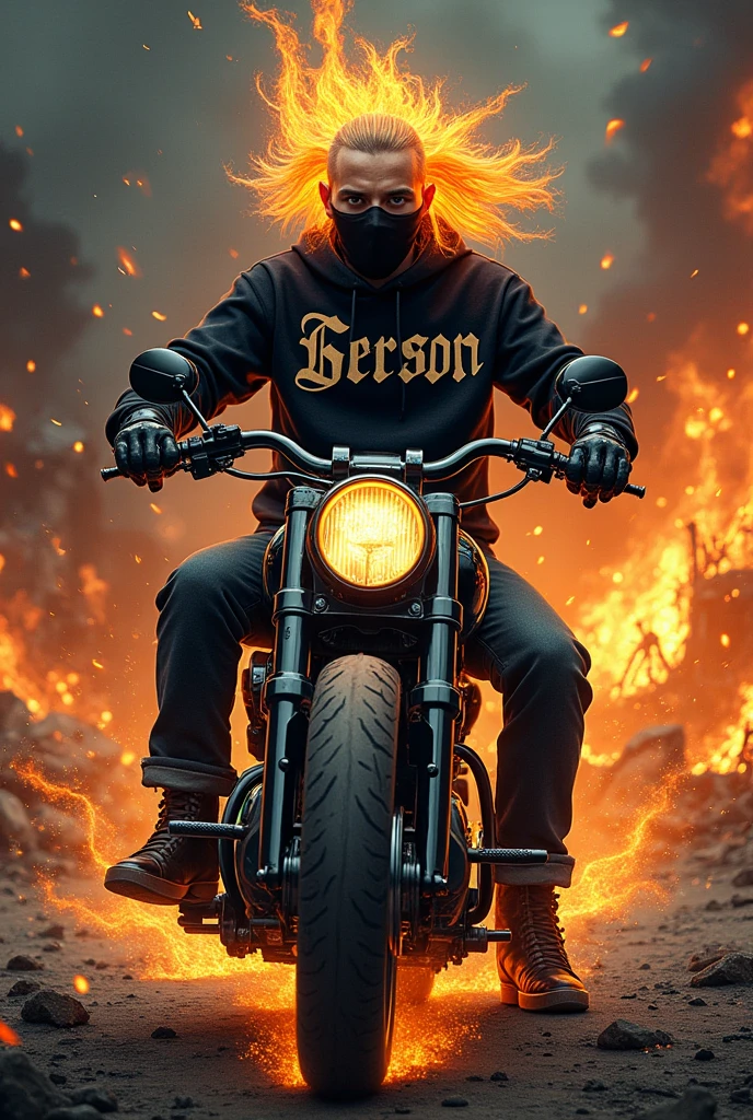 Rocker boy, with a sweatshirt with the name Gerson in blackmetal style letters, in a landscape of destruction and war in hell with lots of fire, megadeth style illustration, Medium long black hair shaved viking style viking style haircut age 2 call of duty ghost mask on motorcycle ghost rider style long hair and mask
