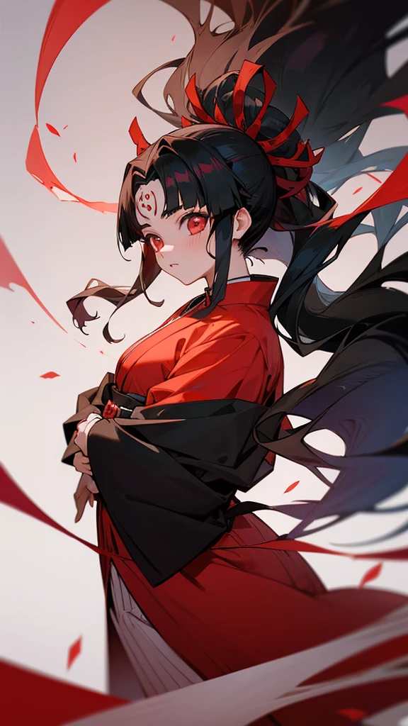 Cenamatic shot,anime,beautiful girl, red eyes, wavy black hair, red kimono,anime,realistic,demon slayer,kimetsu no yaiba