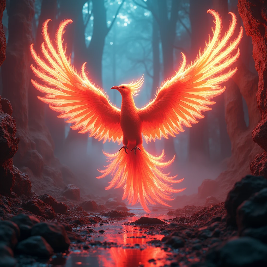 A mythical phoenix, lmmerse in the neon-lit, retro-futuristic in Retro Cyberpunk Visions, where the bright contrasts with the rough, forming a nostalgic yet futuristic scene. Beautiful cinematic lighting, surreal, color graded, dynamic movement, captivating chiaroscuro, (special effects:0.1), full body, award-winning, cinematic still, emotional, vignette, dynamic, vivid, (masterpiece, best quality, photorealistic, Professional, perfect composition, very aesthetic, absurdres, ultra-detailed, intricate details:1.3)