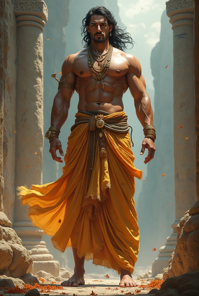 A 20 year old boy with body of ramayan time whose color midium with 180 feet hight who is belongs to Hindu shree krishn family
