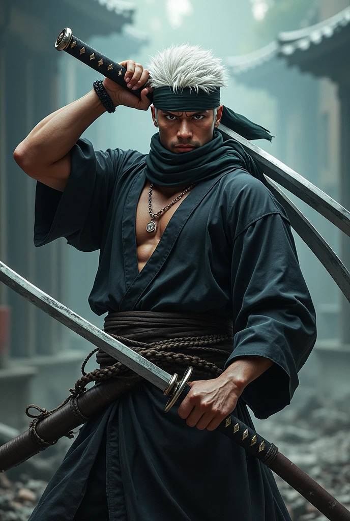 Un guerrier avec trois sabres, l'homme est noir, il a les cheveux courts et blancs et un bandana sur la tête, il est assez musclé, il a un style comme Roronoa Zoro, il est 2 fois moins musclé.