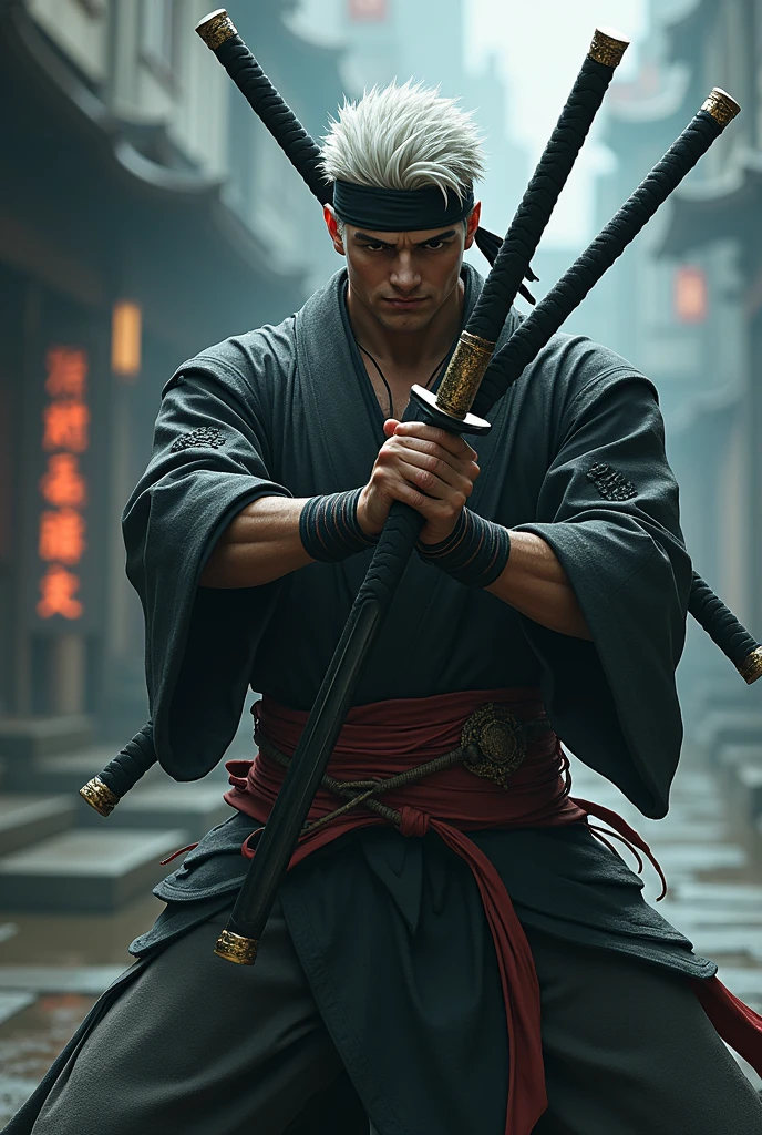 Un guerrier avec trois sabres, l'homme est noir, il a les cheveux courts et blancs et un bandana sur la tête, il est assez musclé, il a un style comme Roronoa Zoro, il est 2 fois moins musclé.