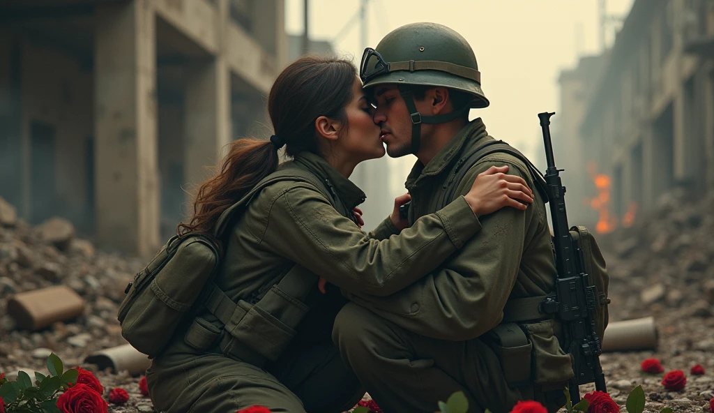 1914; (masterpiece, best quality) destroyed city roses on the floor(Los Angeles); flowers on the ground; 1American soldier couple kissing looking Down(close-up);firearm on the floor.; fire around.