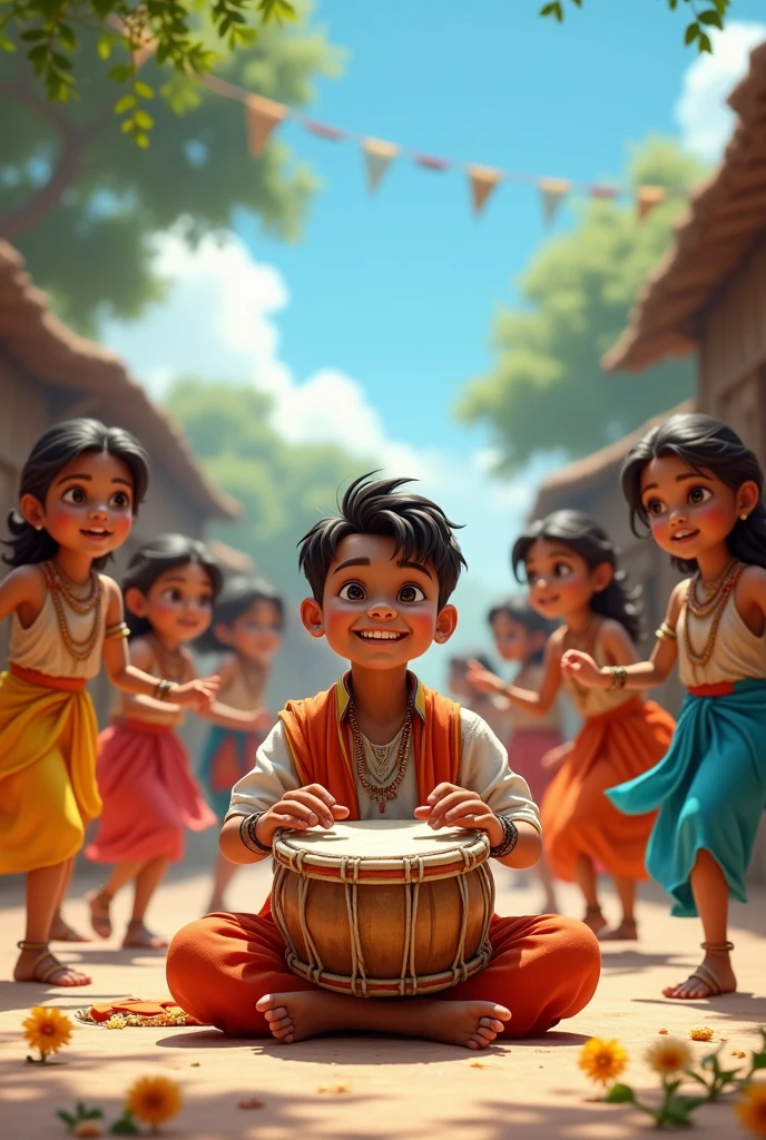 A boy playing madal(drum) and girls, boys dancing
