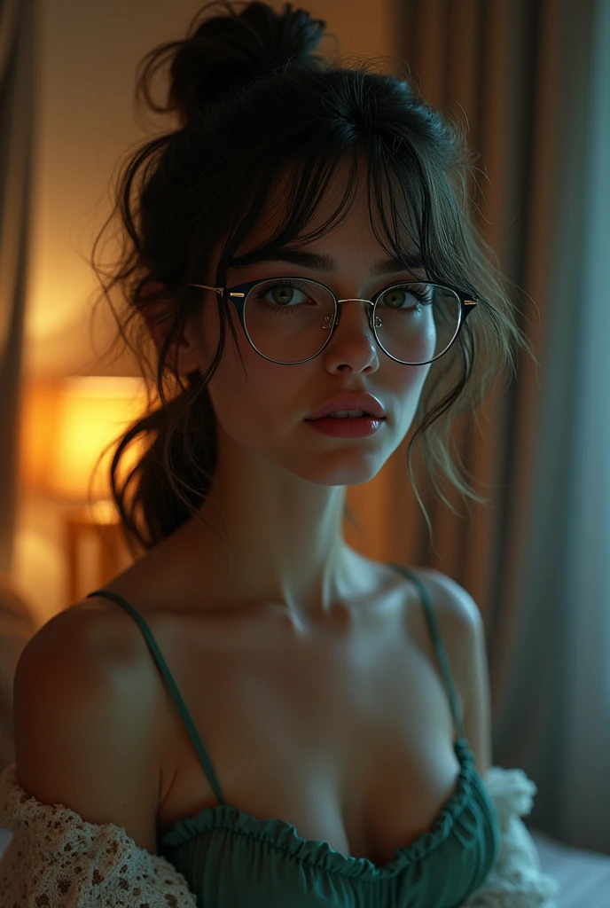Sexy student with glasses, with a low messy ponytail, green eyes, Balkan ,seducing in the college dorm at night Studying