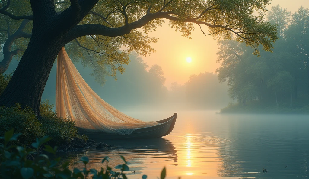 A peaceful lake surrounded by tall, ancient trees, with a delicate lace veil draped over a small boat anchored near the shore. The veil catches the gentle breeze, creating a soft, flowing motion, while the sun sets in the background, casting a golden glow over the entire scene, evoking a sense of timeless love, Dynamic pose, Strong contrast, Good depth of field, Masterpiece, Aesthetic Mystical illustration in realistic style, best quality, natural light, high res, highly detailed, All the colors and materials in this work are very harmoniously combine, Like the same color. Best quality. 8K Ultra HD. Clouds in the sky, bioluminescent nature
