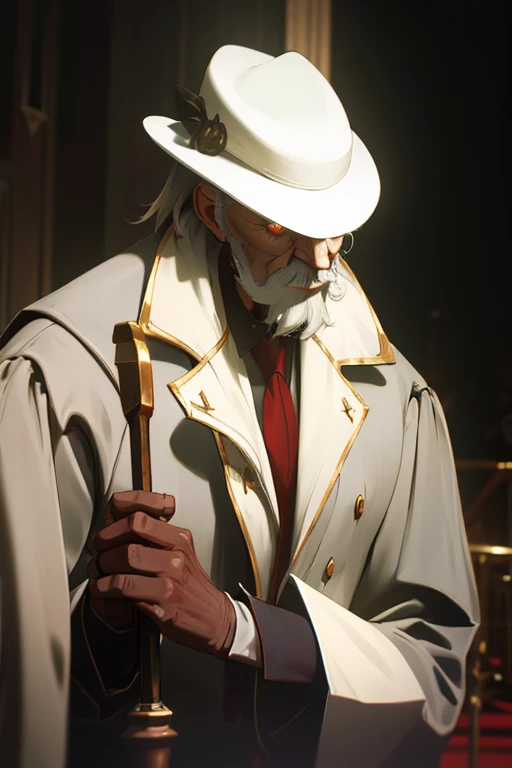 A old man with long white hair, wearing a luxurious overcoat, detailed suit, gothic style, holding a cane in his left hand, red eyes, detailed portrait, highly detailed, cinematic lighting, dramatic shadows, moody atmosphere, dark colors, chiaroscuro,white beard,no hat
