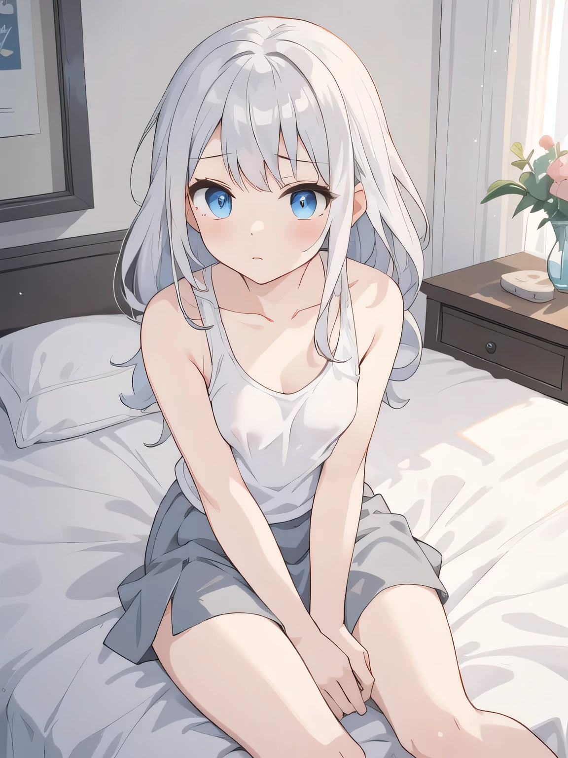 cute girl, anime, silver hair, blue eyes, feel shy, indoor, on the bed, ((high quality)), small bust, cute, (young:1.2), stay, white tank top, bust, gray skirt, (nipple:0.95)