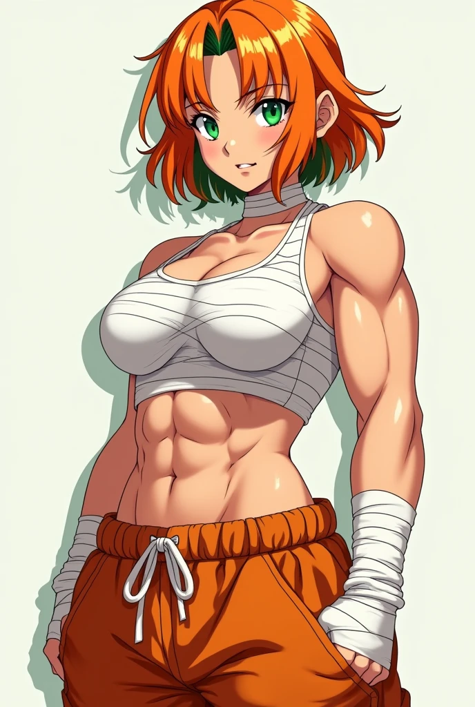 A very muscular anime age woman with orange hair with green highlights and green eyes wearing white bandages to cover her breasts completely and wearing baggy orange pants