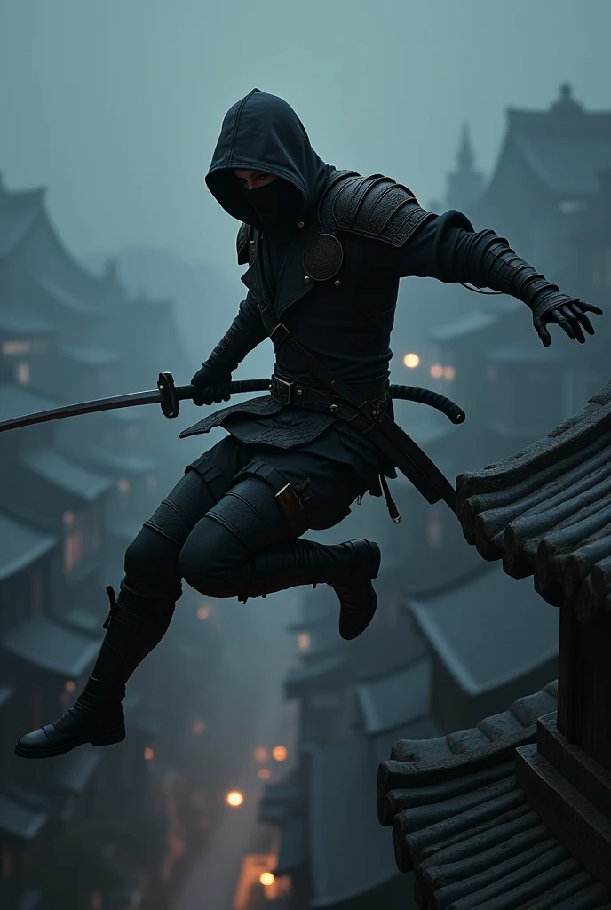 a ninja warrior, leather armour, leather shoulder pads, a katana, jumping off a roof, dark environment, setting of feudal Japan