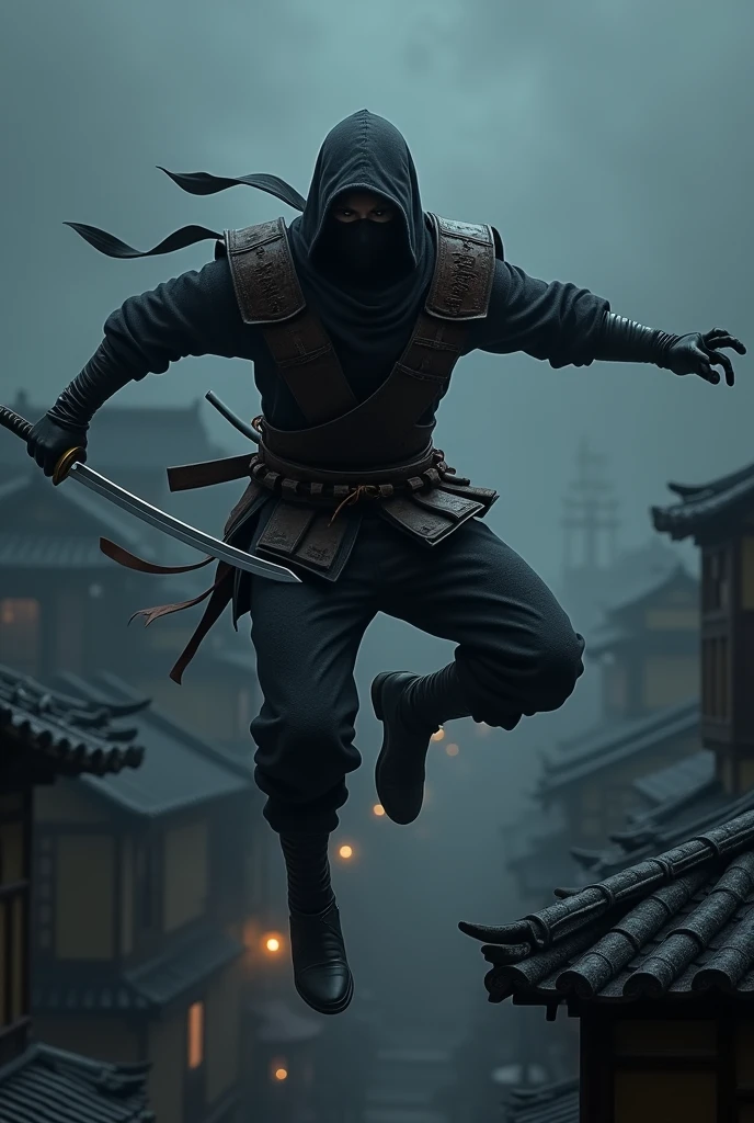 a ninja warrior, leather armour, leather shoulder pads, a katana, jumping off a roof, dark environment, setting of feudal Japan