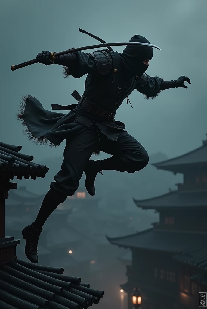 a ninja warrior, leather armour, leather shoulder pads, a katana, jumping off a roof, dark environment, setting of feudal Japan