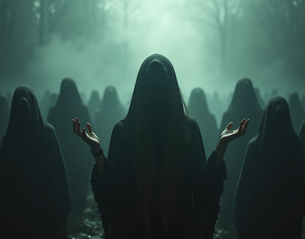 realistic style, photo, photorealistic, high detail, (sharp), (photorealism:1.2), (photo:1.2) of a derelict of darkness summoned from the ashes, The puppetmaster congregates all the masses, people around. [the point of view is between her hands:2], [the point of view is between her hands:1.7], extremely detailed faces and bodies, hyper realistic, natural lighting, vivid colors, photorealistic, masterpiece, 8k. [Entire scene is surrounded by mist, evoking a mysterious and eerie atmosphere, natural reflections].
