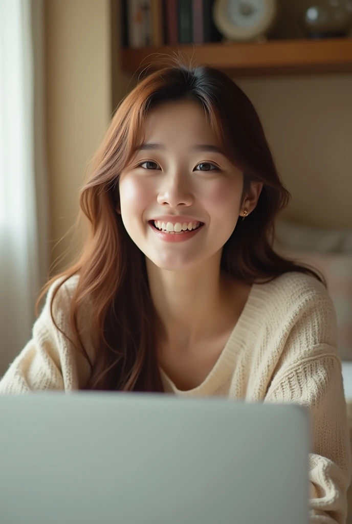 A beautiful light brown Korean Asian AI girl talking on her YouTube channel from her bedroom and she's excited, but not too much smile just a little casual smile and excitement and zoomed back a little