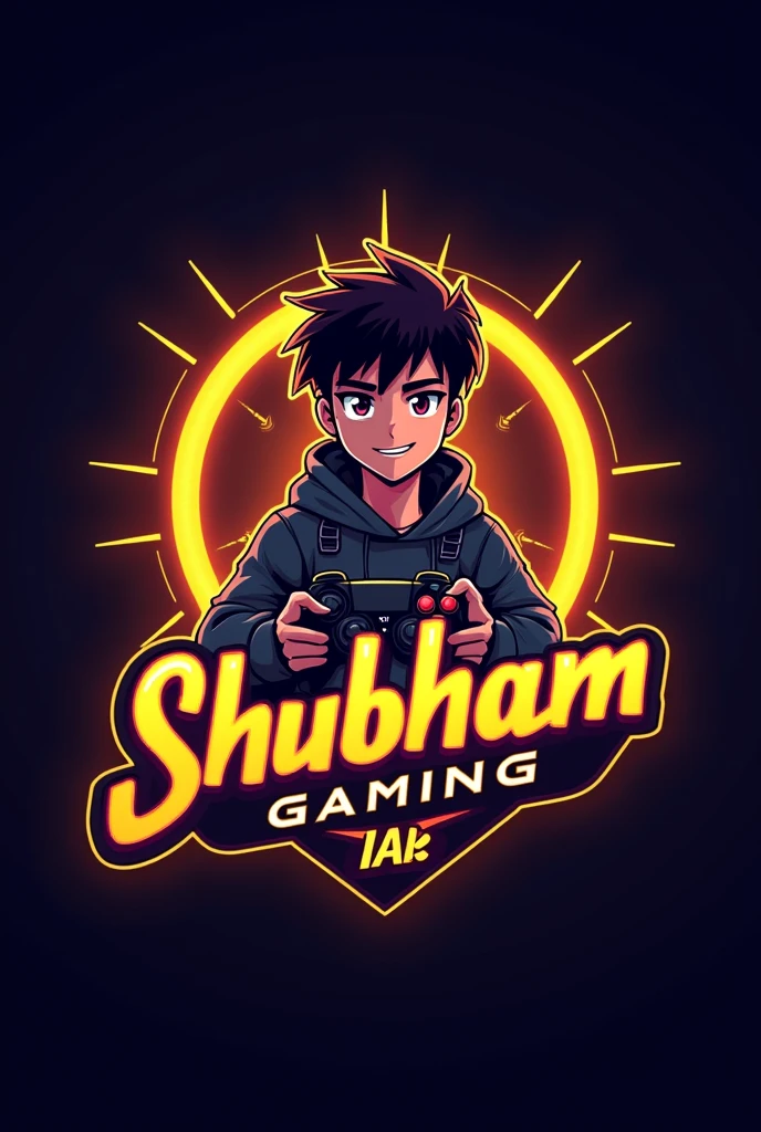 This is a gaming logo that features the name "Shubham Gaming" in a futuristic font and a neon Golden colour. and Boy Anime avtar, The logo also has a stylized controller icon. The logo designed to be attractive and eye-catching, and to appeal to gaming enthusiasts and YouTube viewing