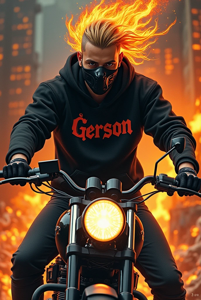 Rocker boy, with a sweatshirt with the name Gerson in blackmetal style letters, in a landscape of destruction and war in hell with lots of fire, megadeth style illustration, Medium long black hair shaved viking style viking style haircut age 2 call of duty ghost mask on motorcycle ghost rider style long hair and mask