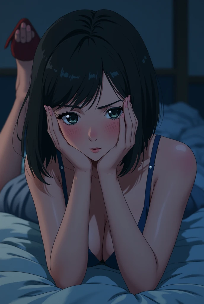 masterpiece, High resolution, illustration, kyoto animation style, Your name is cinematic style, night, midnight, Light, (1 female: 1.3), (alone: 1.4), long eyelashes, short bob, nose blushing, futon, lying down, naked, face close-up, Hide with hands chest, Hide with hands,full body wearing high hill and top rainbow printed she is very busty ass is high