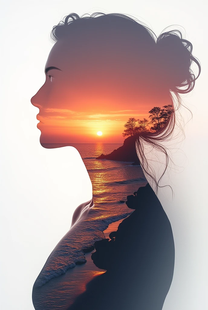 high quality, 8K Ultra HD, A beautiful double exposure that combines an goddess silhouette with sunset coast, sunset coast should serve as the underlying backdrop, with its details incorporated into the goddess , crisp lines, The background is monochrome, sharp focus, double exposure, by yukisakura, awesome full color,