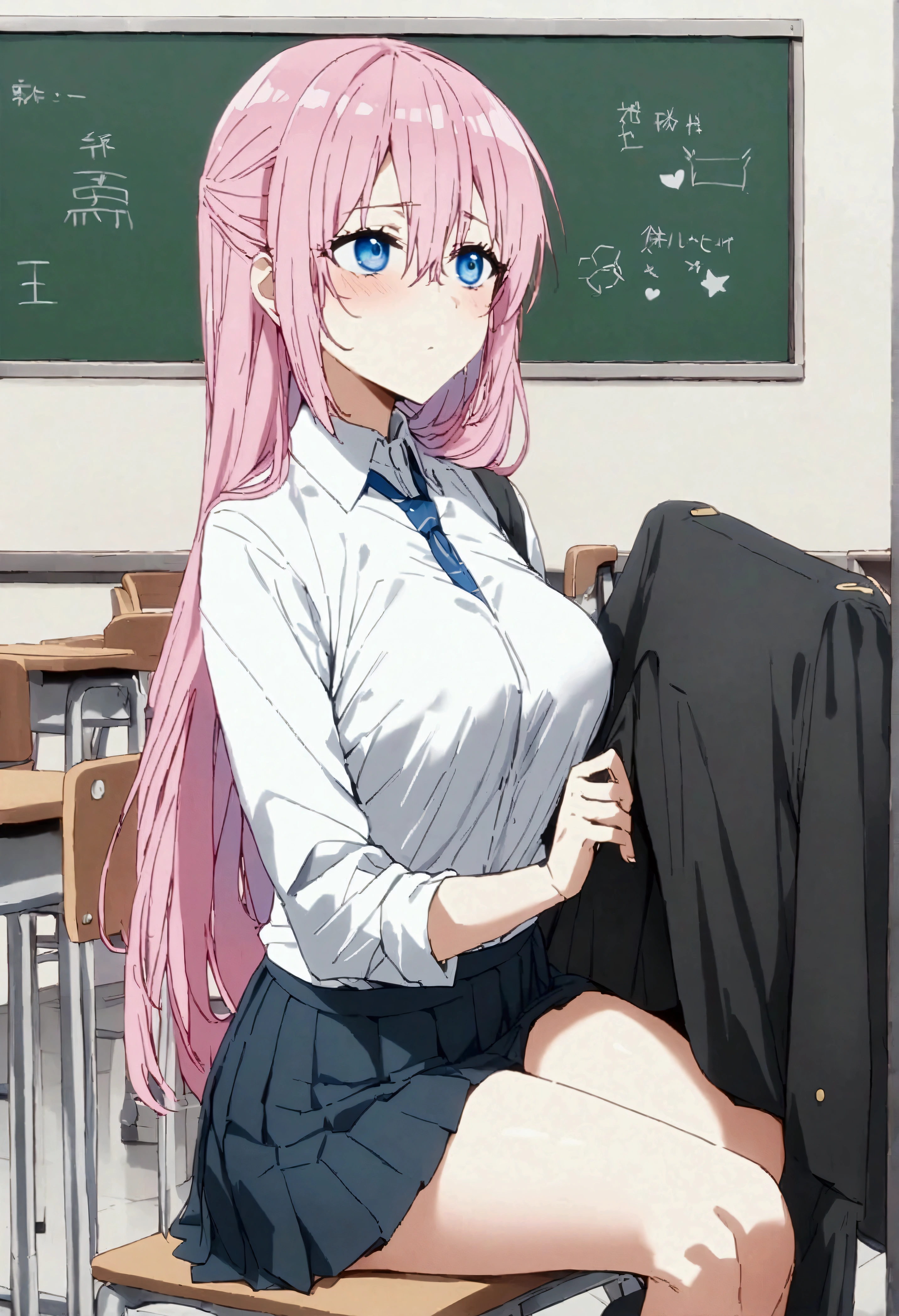 NSFW,masterpiece,Highest quality,High resolution,Very detailed,Shikimori-san\(可愛いだけじゃないShikimori-san\),Pink Hair、Long Hair、blue eyes、Hair between the eyes、bangs,uniform,Pleated skirt,School,classroom,machine,Chair,blackboard