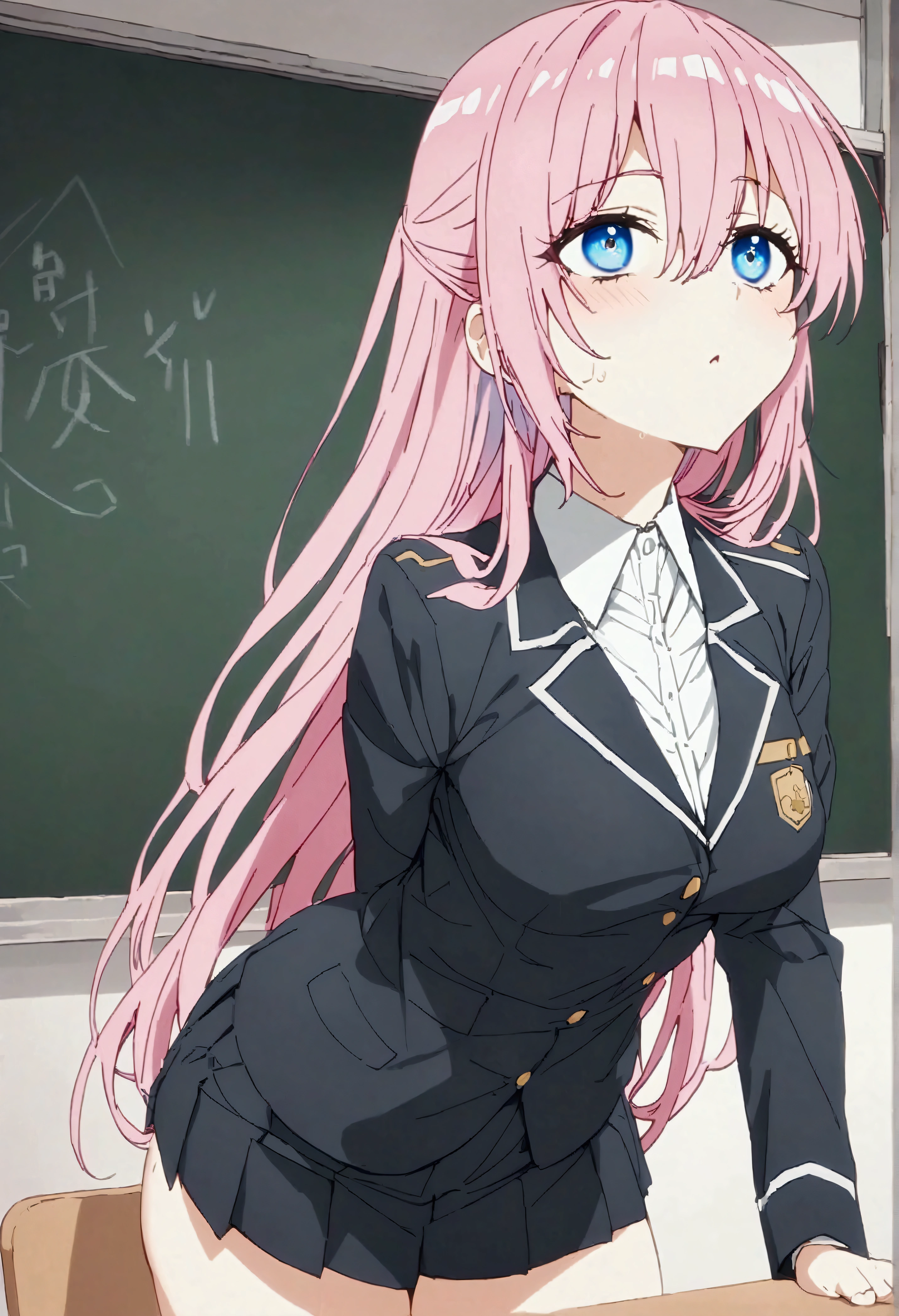 NSFW,masterpiece,Highest quality,High resolution,Very detailed,Shikimori-san\(可愛いだけじゃないShikimori-san\),Pink Hair、Long Hair、blue eyes、Hair between the eyes、bangs,uniform,Pleated skirt,School,classroom,machine,Chair,blackboard