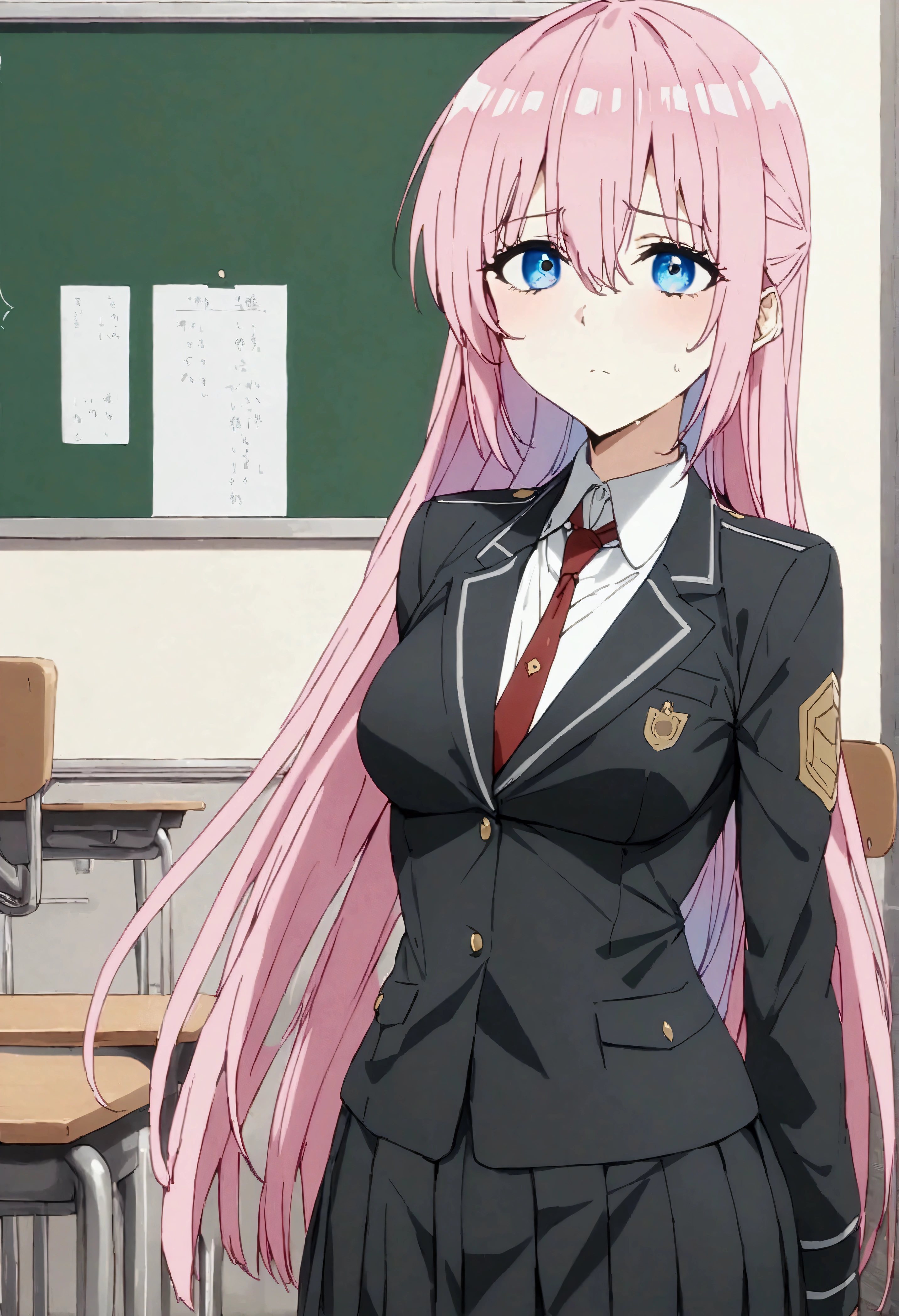 NSFW,masterpiece,Highest quality,High resolution,Very detailed,Shikimori-san\(可愛いだけじゃないShikimori-san\),Pink Hair、Long Hair、blue eyes、Hair between the eyes、bangs,uniform,Pleated skirt,School,classroom,machine,Chair,blackboard
