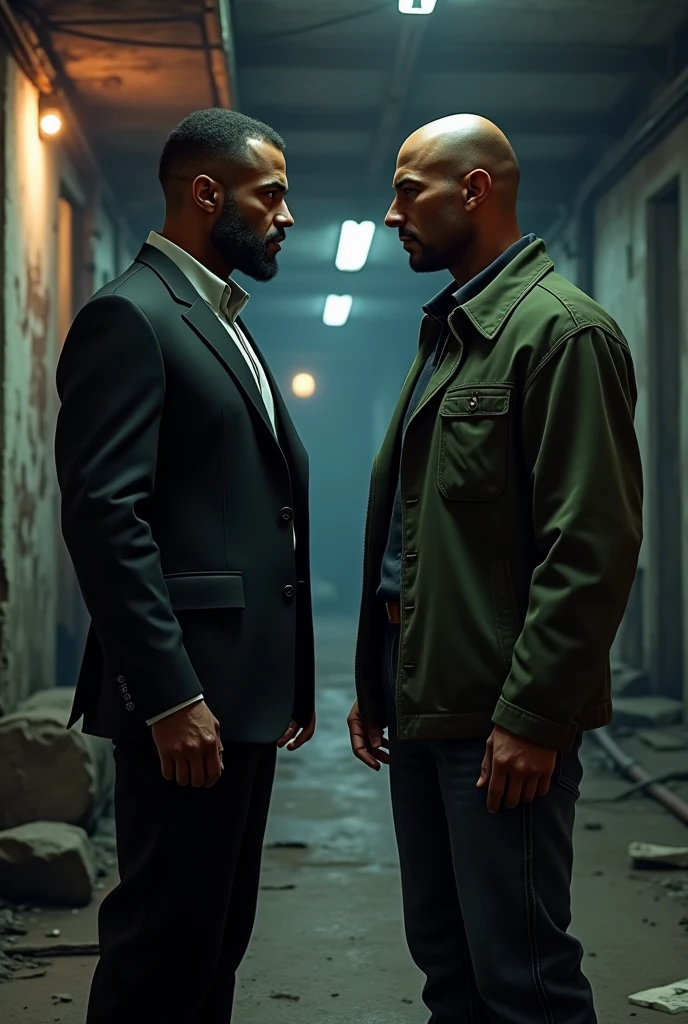 "Create a detailed scene featuring Michael and Franklin from Grand Theft Auto V. They are standing face-to-face in a dramatic confrontation. Michael, in his signature suit and tie, has a tense expression, while Franklin, dressed in casual streetwear, looks determined. The background should be a gritty urban setting, like a dimly lit alley or a rundown part of Los Santos, to enhance the dramatic atmosphere of their interaction."