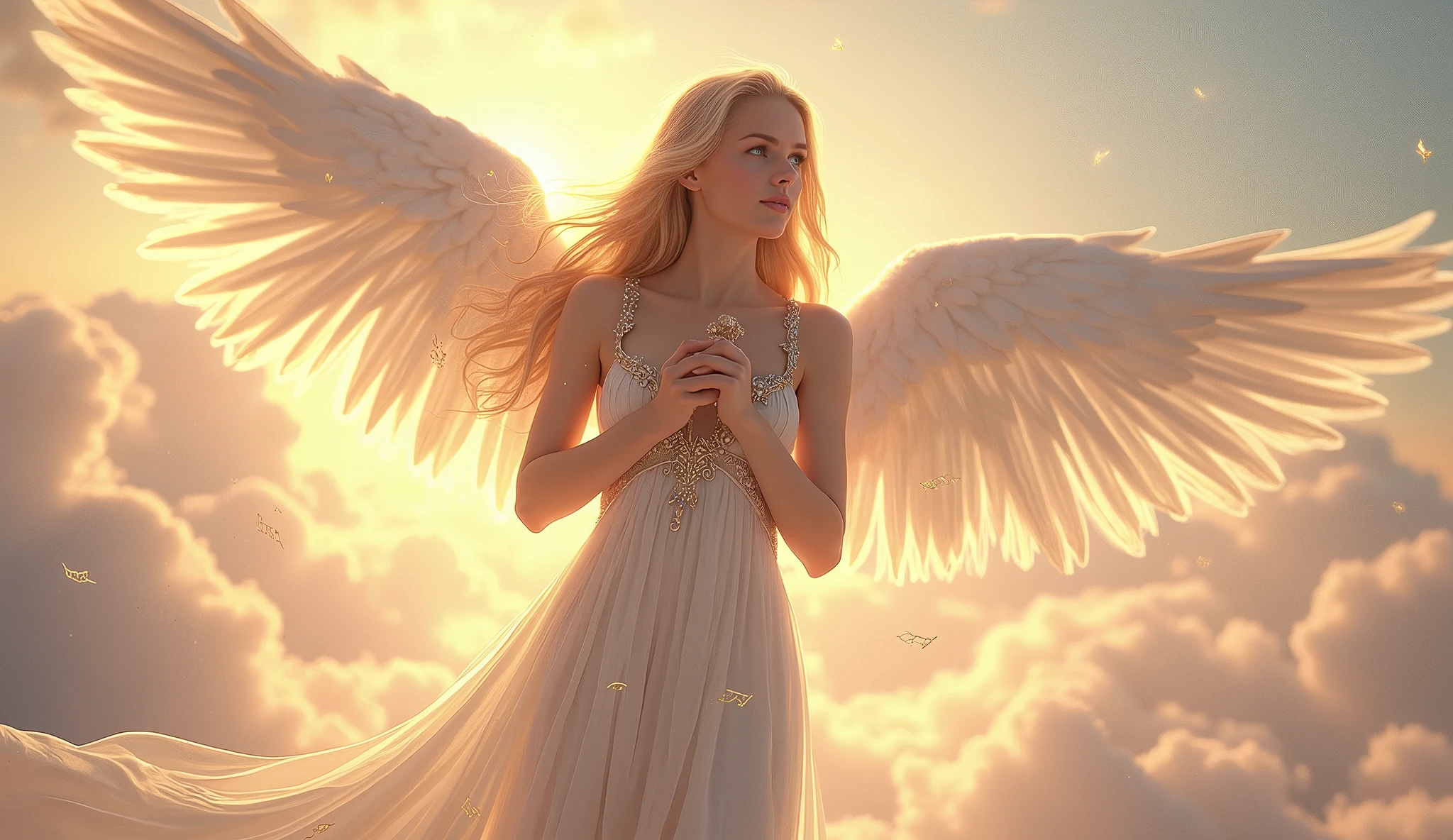 A seductive and ethereal female angel with long, flowing blonde hair and shimmering blue eyes stands on a cloud, surrounded by a radiant golden light. She wears a revealing white gown that flows like water, adorned with gold accents, exposing her shoulders and legs. Large, pure white wings spread behind her, glowing softly. In her hands, she holds a golden harp, strumming its strings as delicate notes float in the air. The sky around her is painted with hues of pink, gold, and lavender, creating a celestial and heavenly atmosphere. Aim for realistic depiction, make sure photos are at highest resolution (8K)