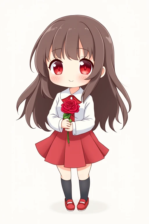 A cute anime girl with long brown hair, red eyes, wearing a simple white dress shirt with a red handkerchief-shaped ribbon, a simple red skirt, black socks, and red shoes with white areas is smiling gently and holding a red rose in both arms, this is a deformed illustration.