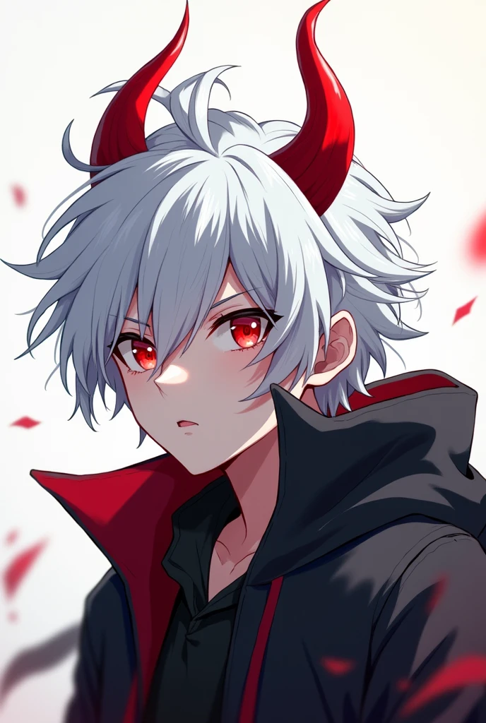 Anime boy with two red horn and red eye
And white hair and wear black hoddie