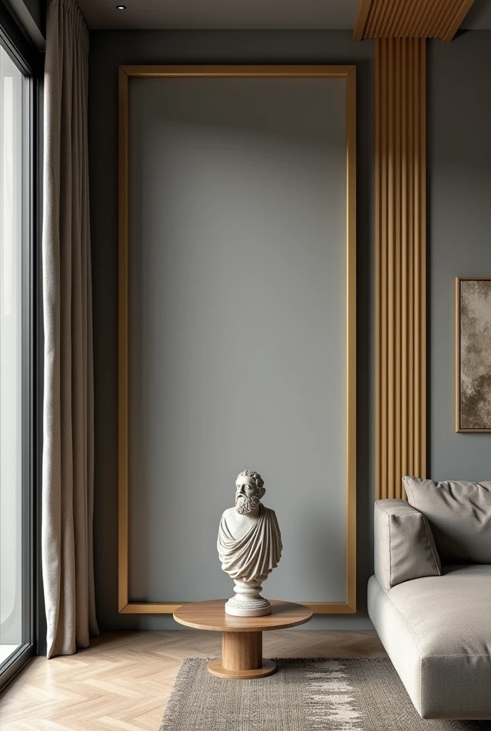 A LIVING ROOM WITH A GRAY RAGE WALL WITH GOLD STRIPS AND A big EMPTY VERTICAL FRAME, WITH AN ANCIENT SOCKRATES LEFT
