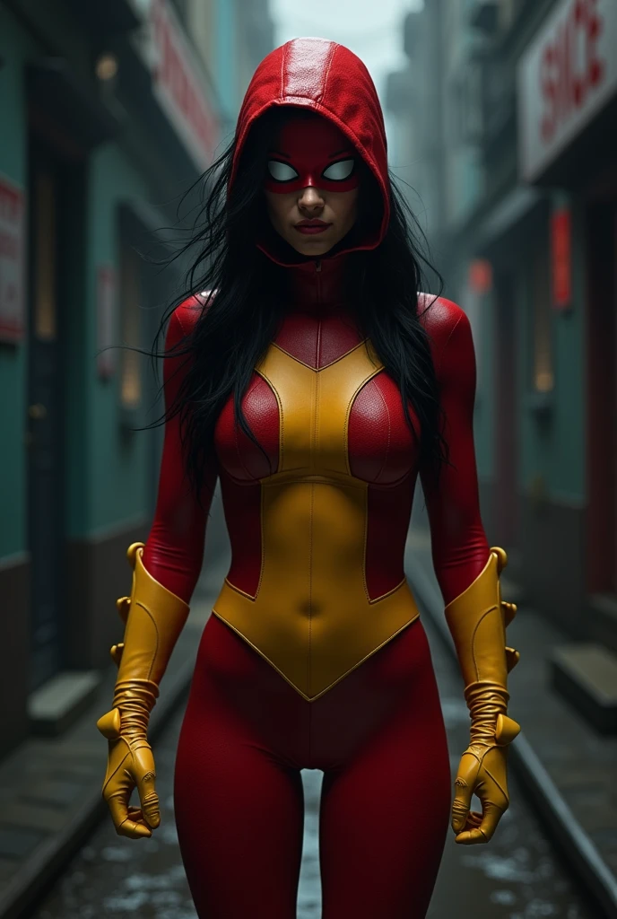 Spider woman, 1 woman, superhero, long black hair, red half-face mask, white lenses, red costume with yellow belly, yellow gloves, yellow boots,