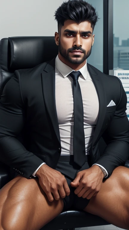 A ENZO Indian Gurjar man with big shinning eyes big lips wide jawline beautiful hunk face spiky black hairstyle, weared formal suit and standing in the office with spread legs, head to thighs 