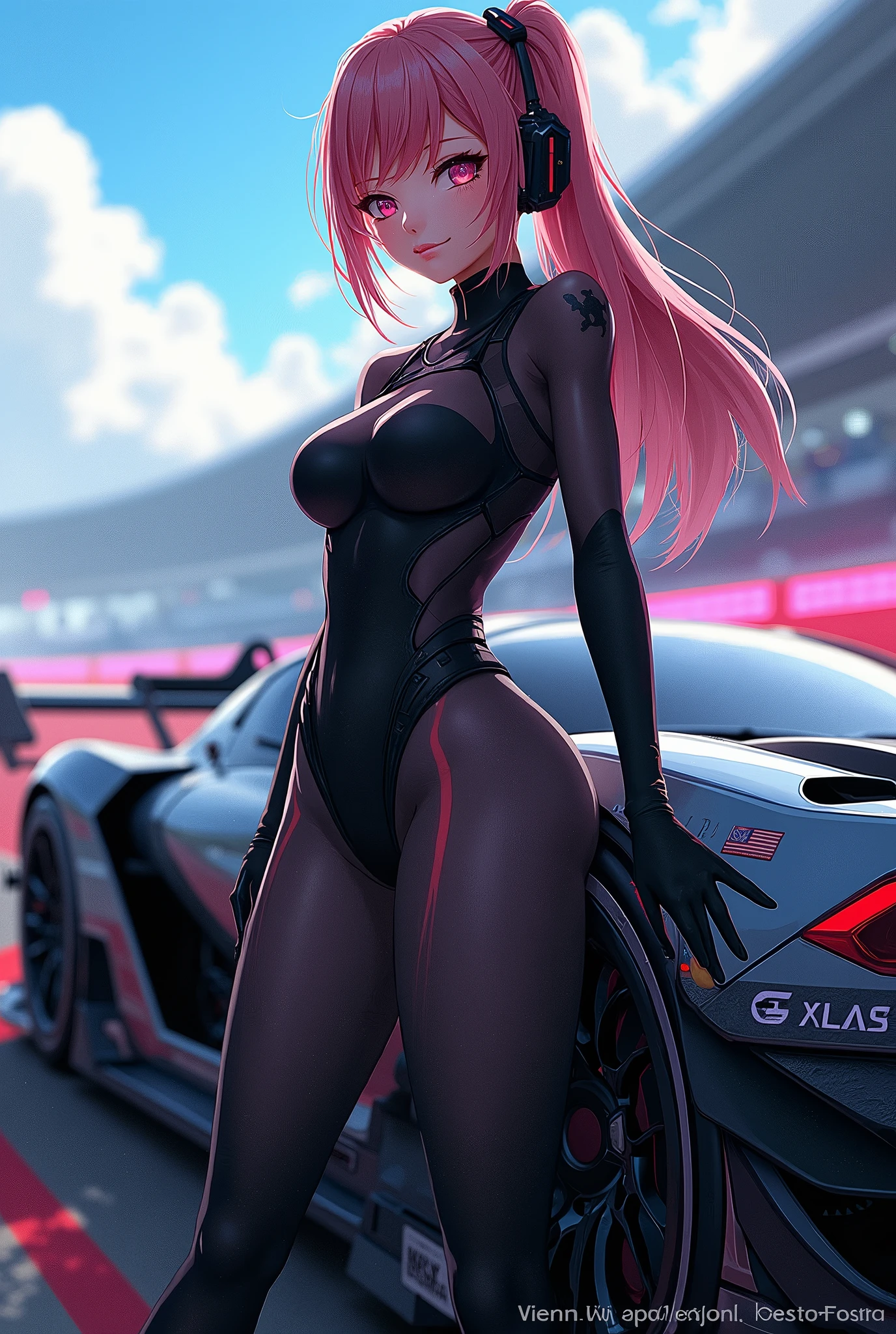 An anime character in a black bodysuit poses next to a racing car, Azur Lane Style, Azur Lane Characters, From the Azur Lane video game, artstation pixivでトレンド, From Girls Frontline, Senna from League of Legends, Fascinating anime, Gweiz-style artwork, Krentz Kuschaert and Artem Demra