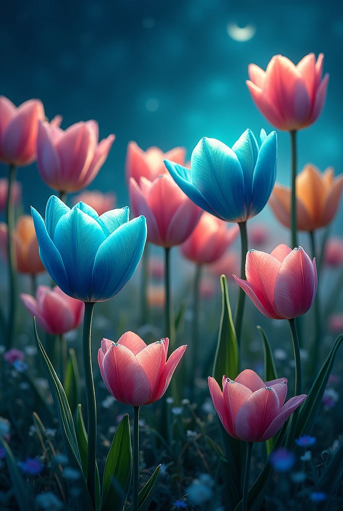  Create an image, with the word you are my little thing,  that has tulips of many colors, especially turquoise, 
It also looks very elegant and full of life in a night landscape..with some wonderful details intertwined with tulips