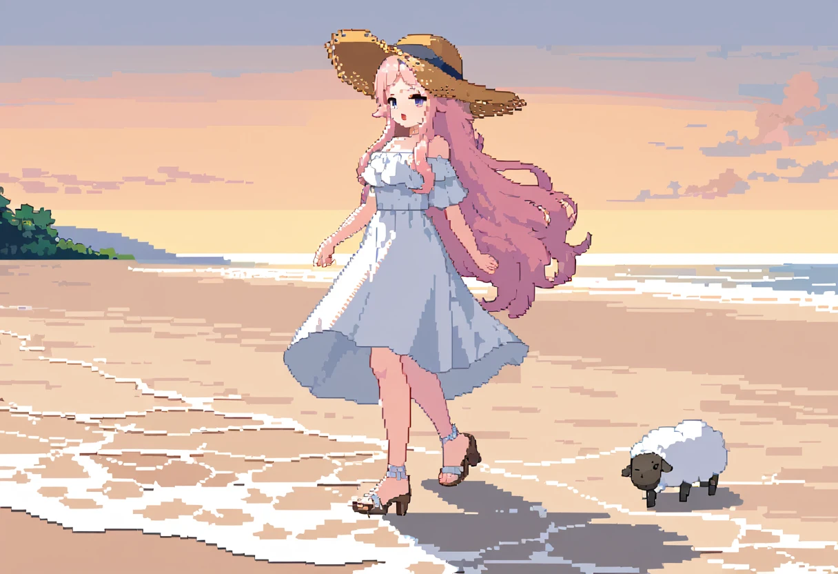 masterpiece, Highest quality, 8k, \(Beautiful pixel art, Vivid, Highest quality\), \((One person)), (young woman, Open your mouth, Fluffy hair, Long Hair, Hair like sheep's hair, Pink Hair, eyebrow, 太いeyebrow, White dress, Straw hat, High heel sandals\), (Highest quality:1.0), (\Seaside, Walking on the beach, evening\), 1 sheep