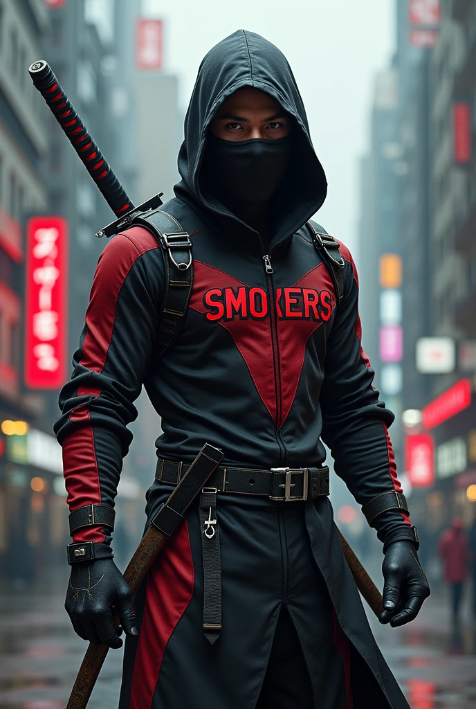 Generate a man.
Ninja wearing a smoke mask with one sword at the back and shuriken in right hand.
Outfit: black and red cybordpuck with clear and not hidden print "smokers".
Background realistic 