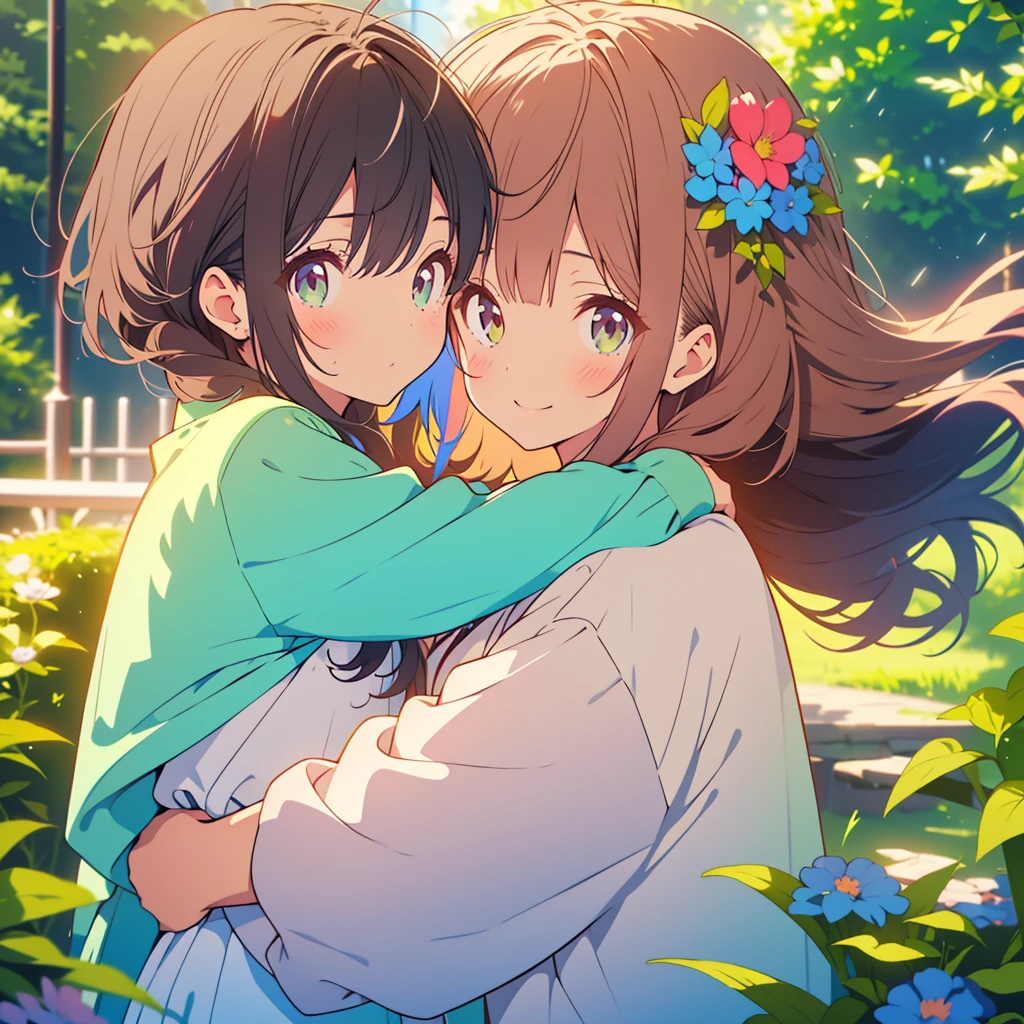 kawaii, anime, Cute, hyper quality, highly detailed, 8k, Clarity, Draw facial expressions in detail, american blue, Evolvulus nuttallianus, Girl with long brown hair and green eyes, Jumping and hugging each other, A young girl with short light pink hair and scarlet eyes., good friends, smile, American blue flower blooming hill, refreshing sky, rainbow, morning dew, 	